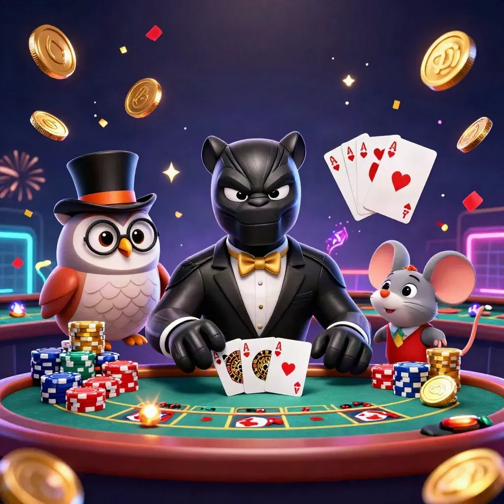 Panther dealer, owl with chips, and mouse amid spinning roulette, gold coins, and neon casino lights