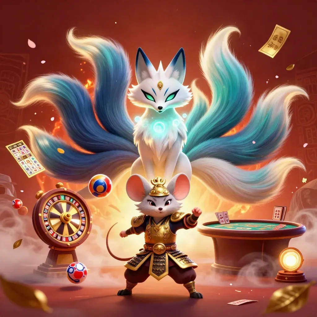 Neon fox spirit and samurai mouse amid casino game icons in a fiery luxury backdrop.