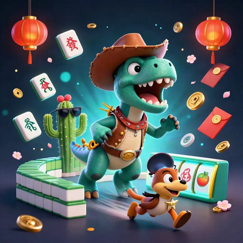 Cowboy T-Rex, cactus, and roadrunner blast through casino treasures on a dark teal harbor backdrop.
