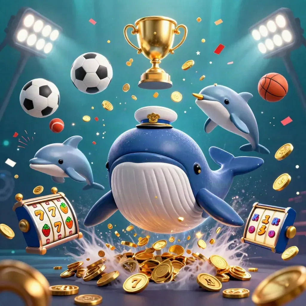Captain whale, narwhal and dolphins burst through coins with casino lights and treasure.
