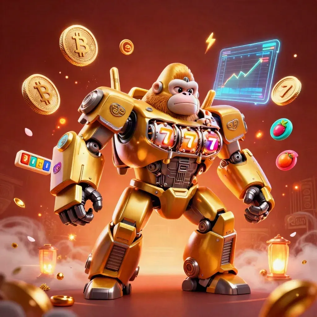 Golden gorilla mech with monkey pilot, treasure bursts, neon coins, ember sky