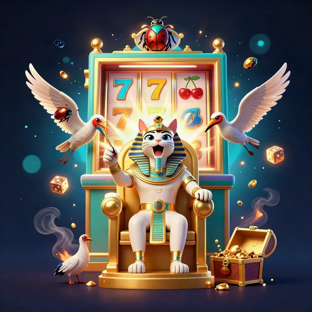 Pharaoh cat, ibis scribe, and jewel-winged scarabs amid casino treasure bursts.
