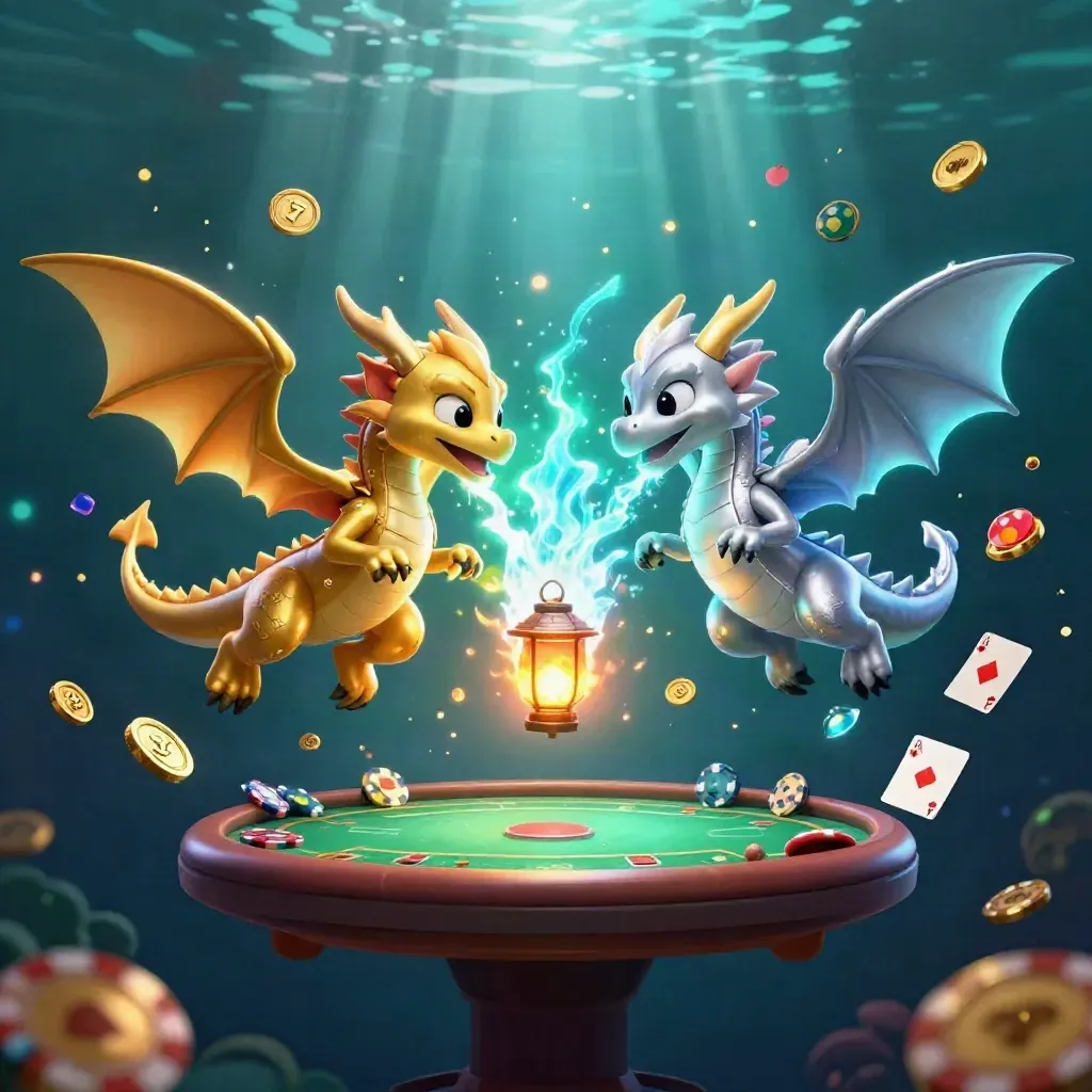 Gold and silver dragons clash around a lantern spirit with casino chips and gems bursting outward.