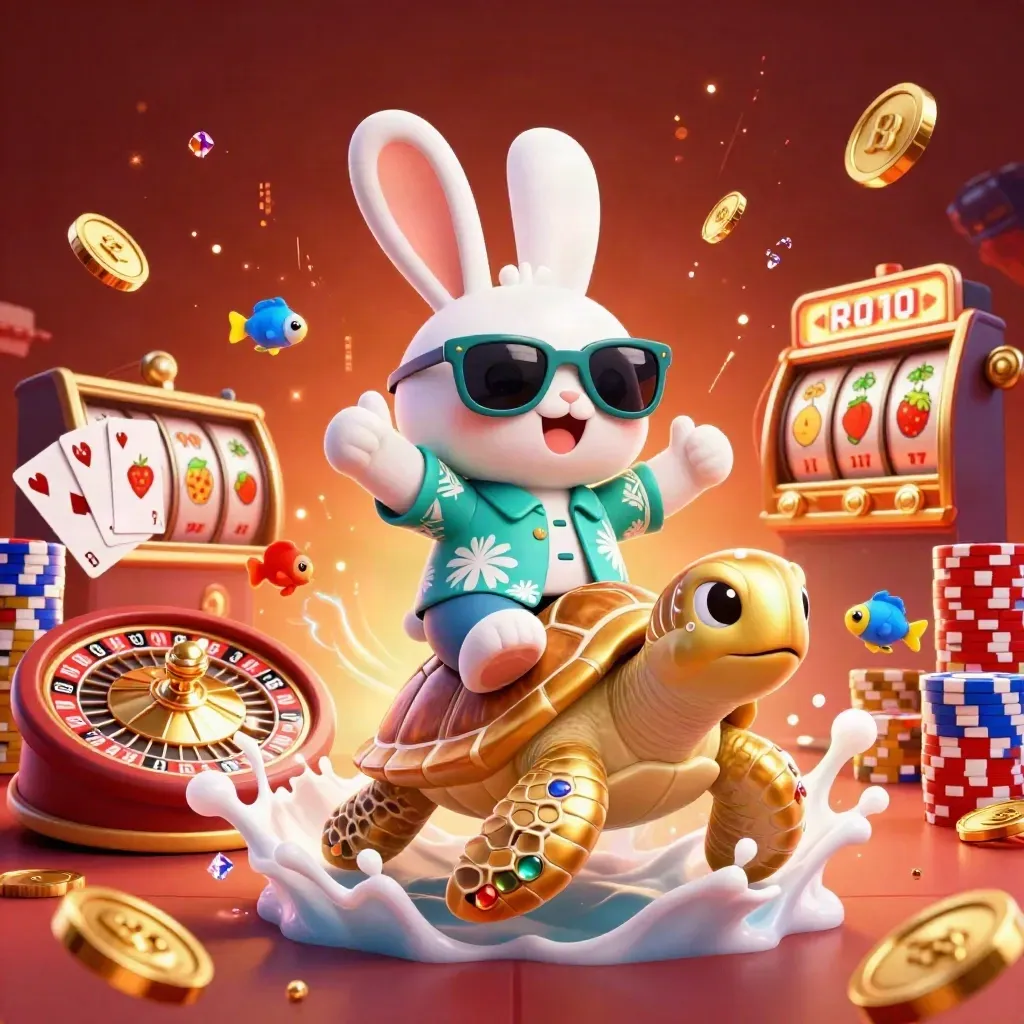 Lucky rabbit rides a gem turtle as coins, cards, chips, and neon effects burst around them.