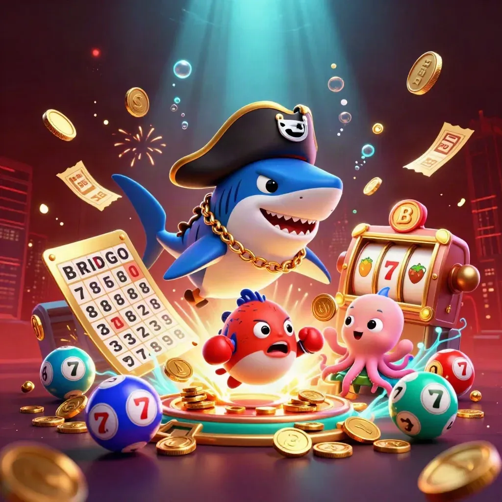 Pirate shark, boxing pufferfish, and coin-juggling octopus amid casino loot and glowing effects.