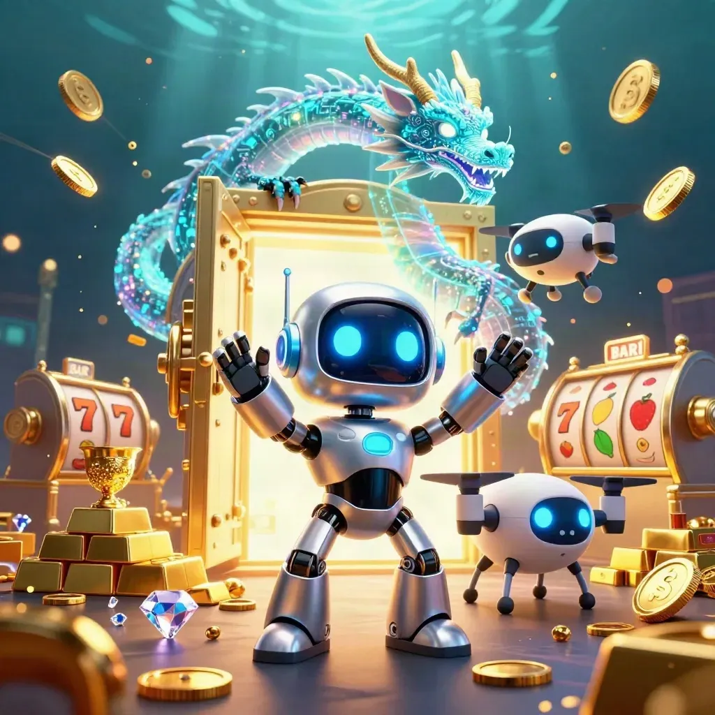 Cyberpunk robot, holographic dragon and coin drone exploding from a vault with gold, gems and slot symbols.