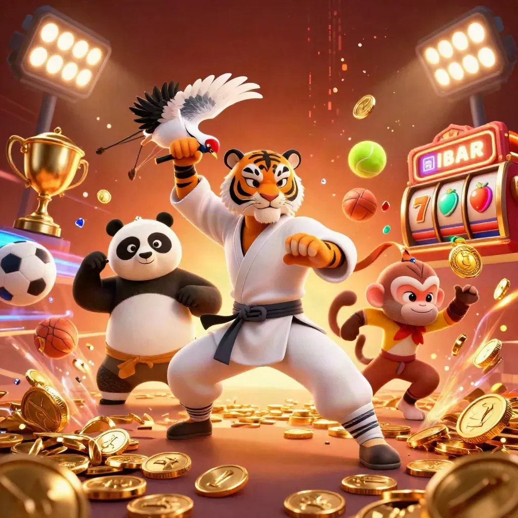 Tiger, panda, and monkey amid coins, reels, balls, trophy, and casino sparks