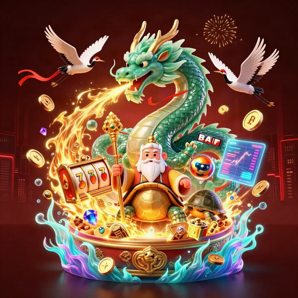 Emerald dragon, turtle sage, and cranes amid gold fire, coins, vault sparks, and neon slot symbols.