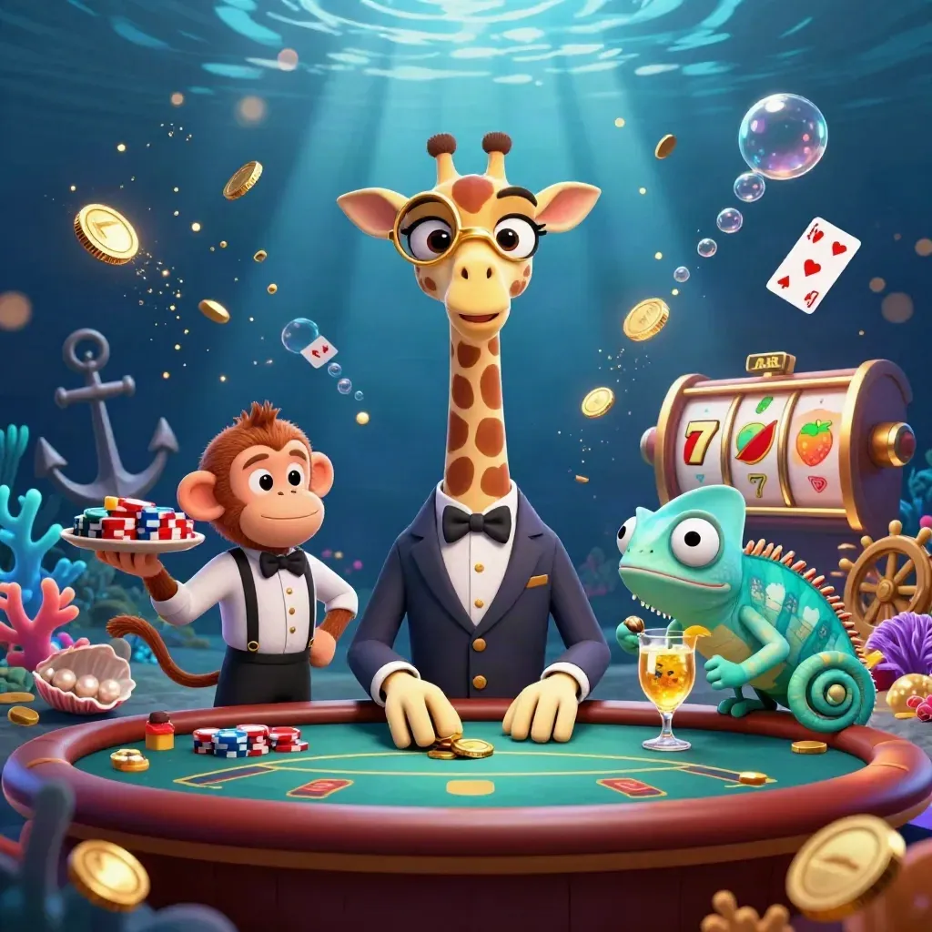 Giraffe, monkey, and chameleon amid coins, slot reels, and glowing underwater treasure