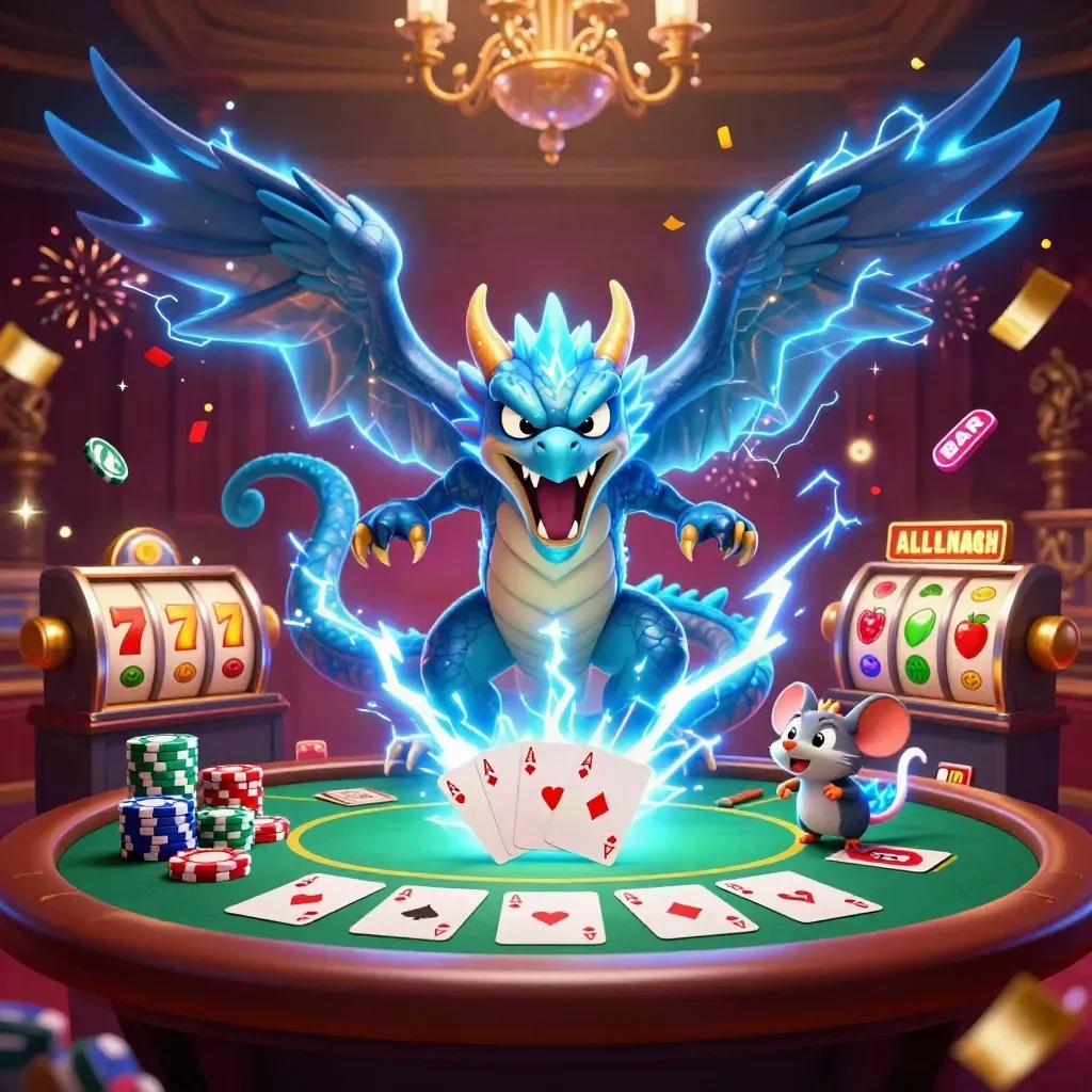 Thunder dragon, hawk, and static mouse amid casino cards, chips, reels, and glowing effects