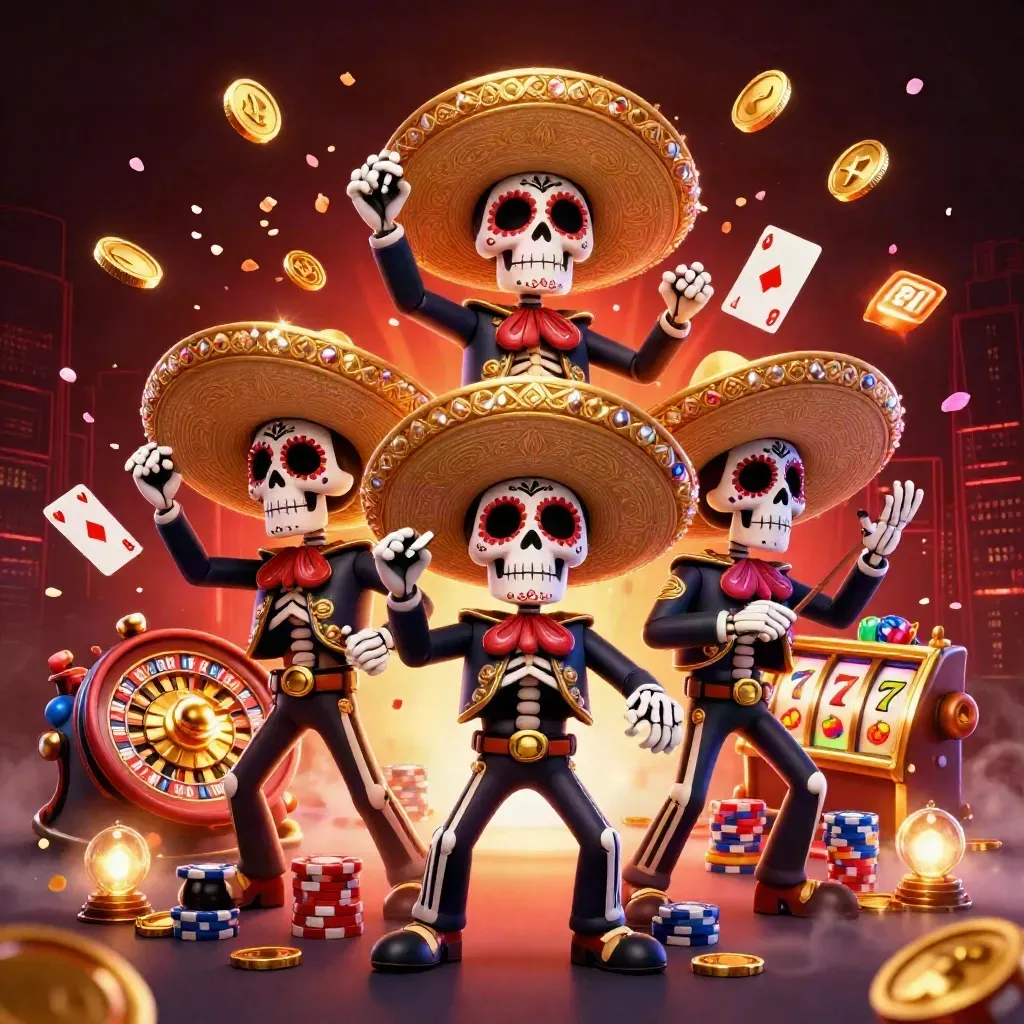 Three skeleton mariachi mascots amid casino symbols, coins, reels, and glowing fog in a dark neon scene.