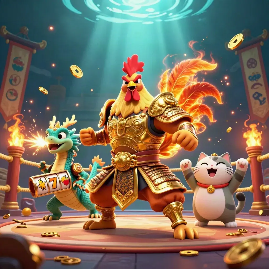 Rooster warrior, dragon hatchling and fortune cat in a glowing teal-gold slot battle scene.