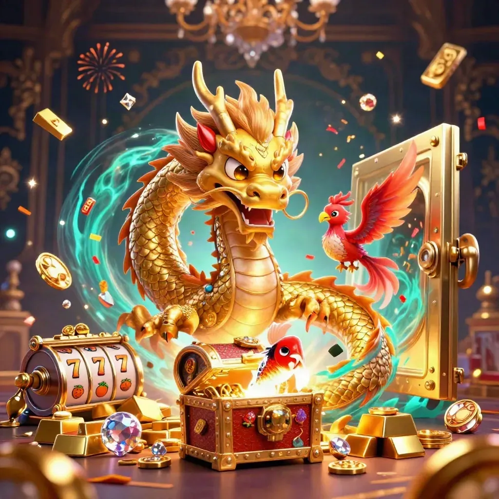 Golden dragon with phoenix and koi amid casino treasures, vault glow, and sparkles.