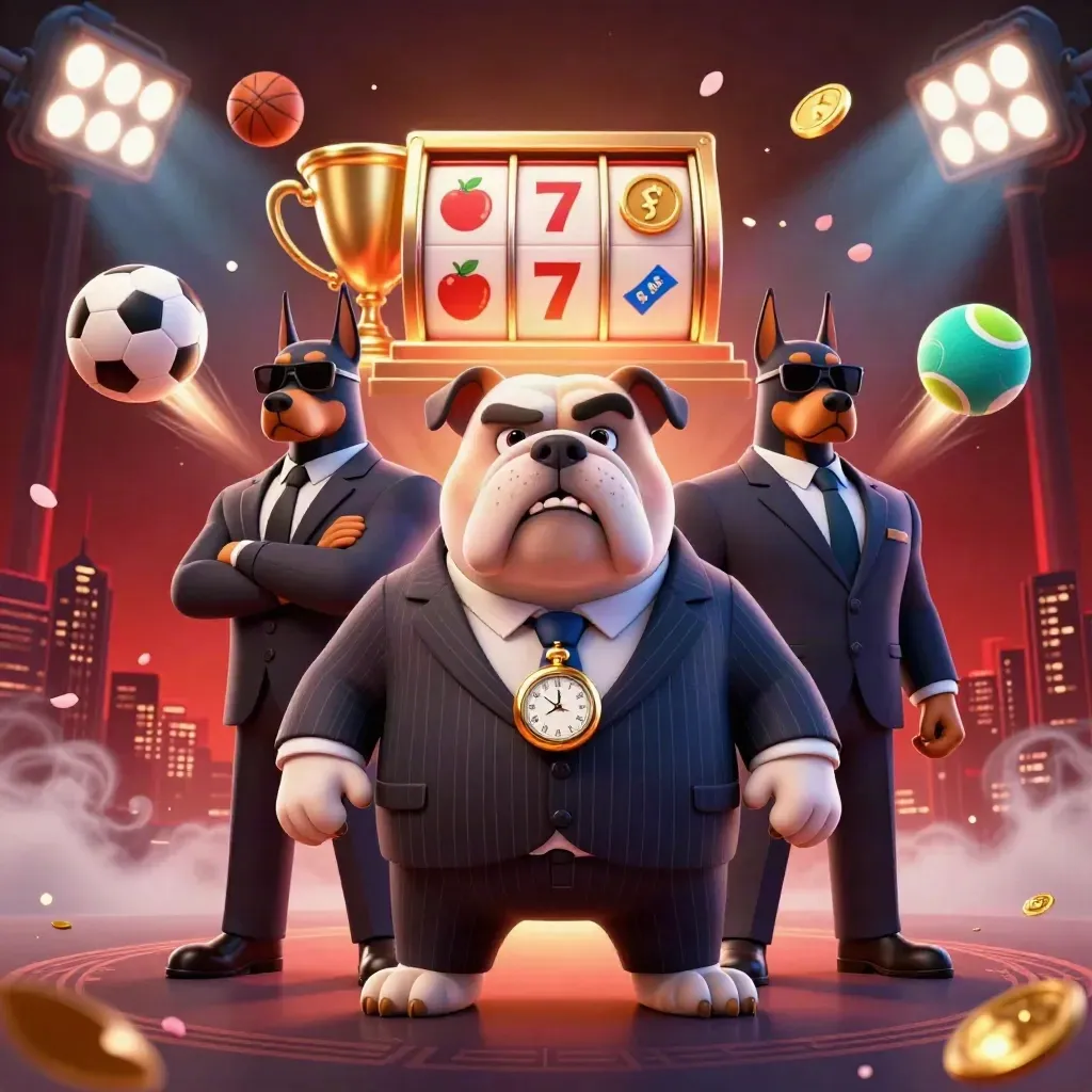 Bulldog mafia boss with Doberman guards, slot reels, balls, gold, and neon casino effects.