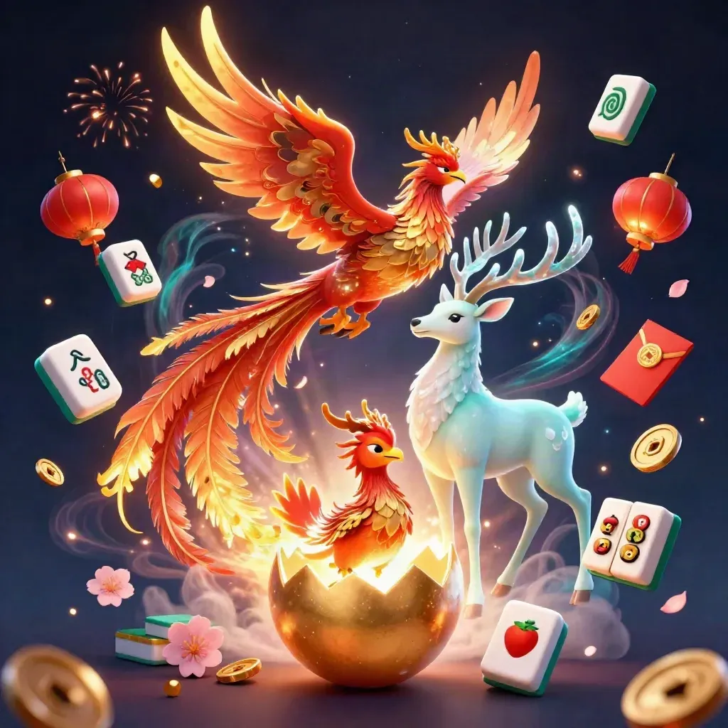 Phoenix, baby phoenix, and crystal stag amid slot symbols and glowing casino magic