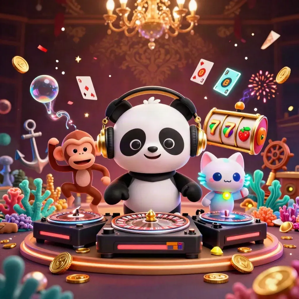 DJ panda, dancing monkey, and glow-stick kitten in a neon casino treasure cove.