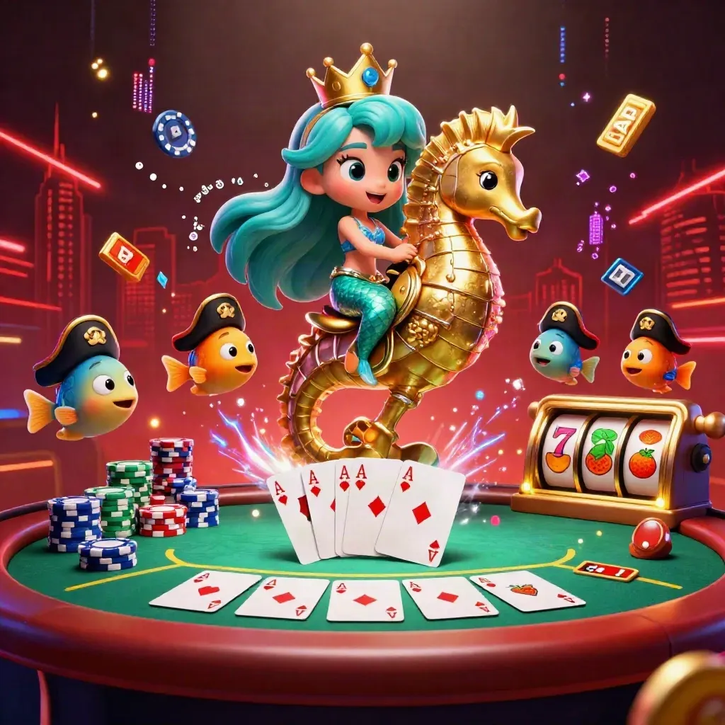 Mermaid princess on a golden seahorse amid chips, aces, slot reels, and neon casino sparks.