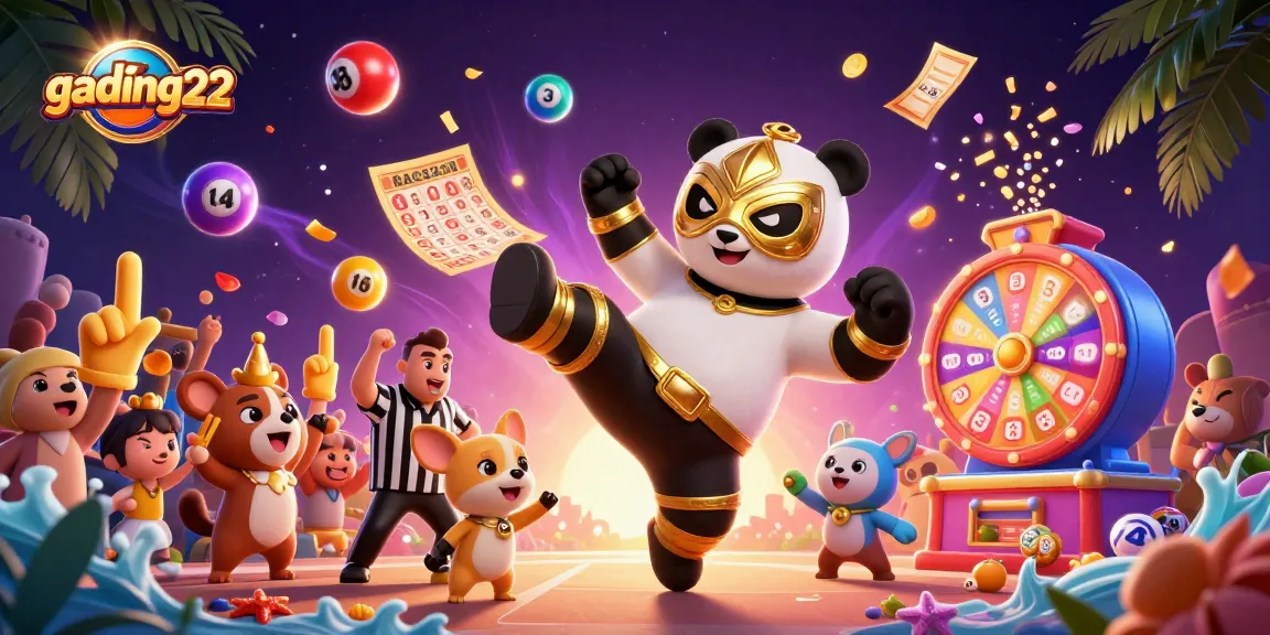 Engage with gading22 as the lively scene captures a panda wrestler and animal crowd celebrating a jackpot!