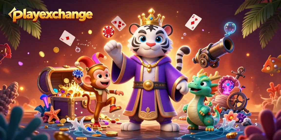 Playexchange shows a dynamic casino scene with a white tiger and jester monkey juggling chips.