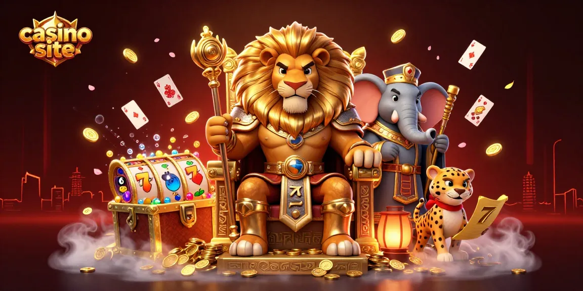 Experience an engaging scene from a casino site with a lion king on a throne surrounded by vivid game elements.