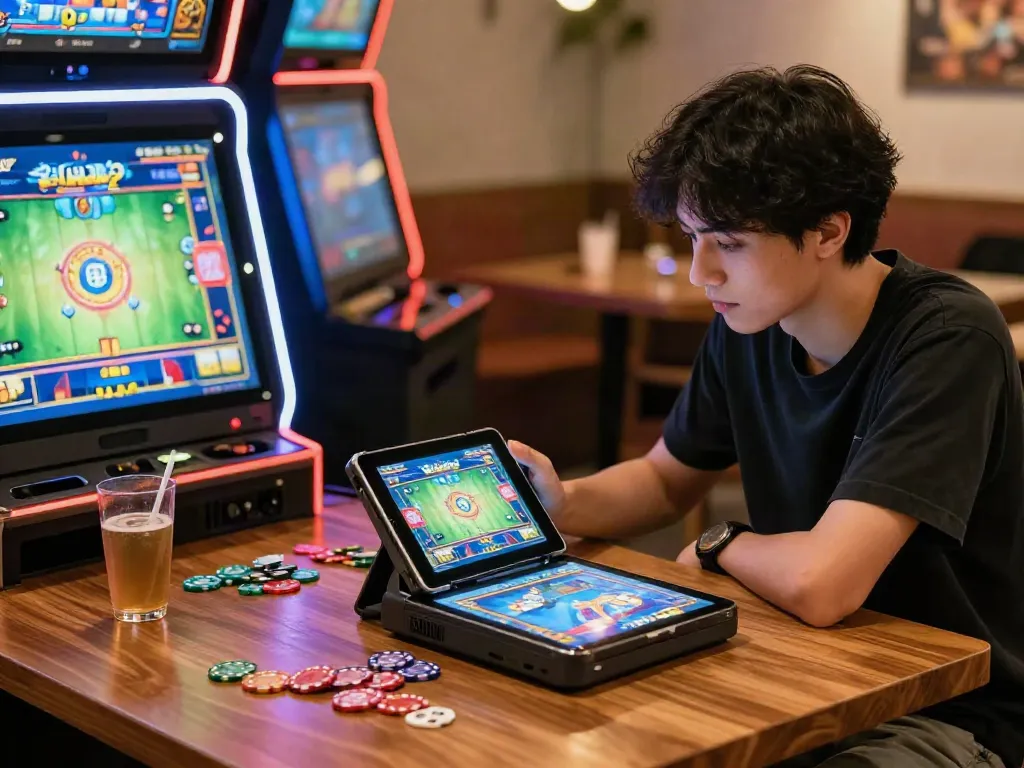 Seorang pemain berfokus bermain Mahjong Ways 2 di tablet, dikelilingi token warna-warni dan suasana ceria.