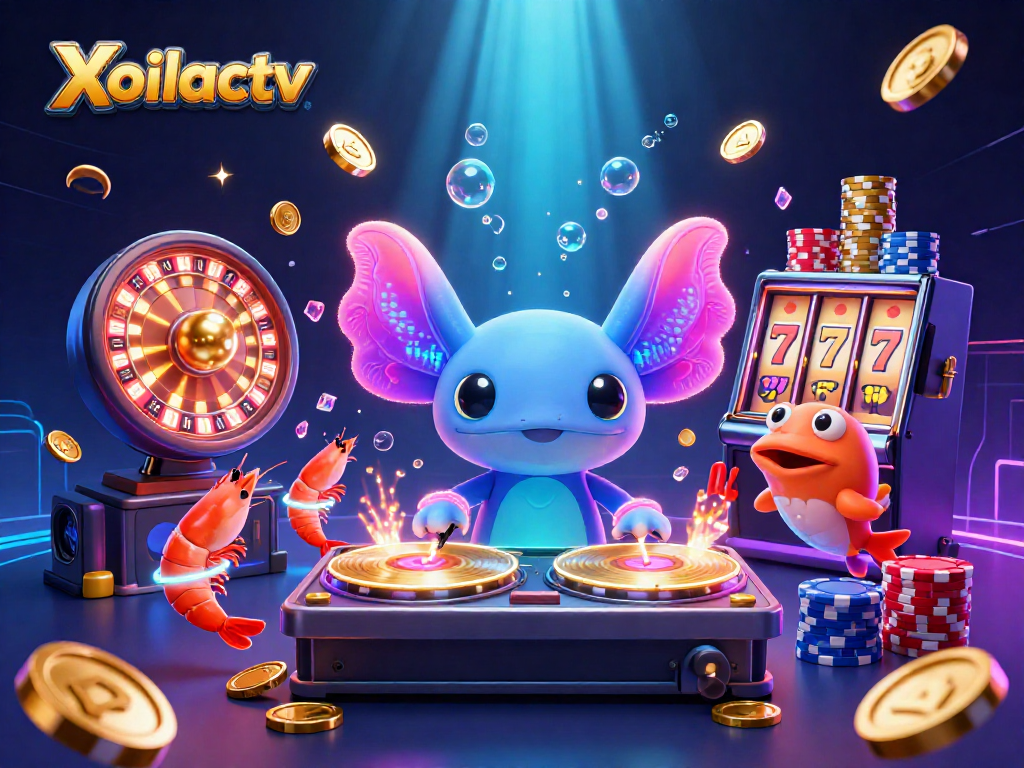 Xoilactv showcases an energetic underwater casino scene with a vibrant axolotl DJ and animated sea creatures.