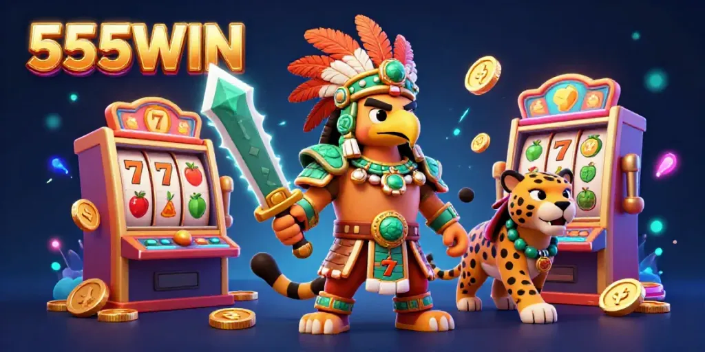 Play interactive slots with 555WIN as cartoon characters celebrate big wins in a vibrant casino scene.