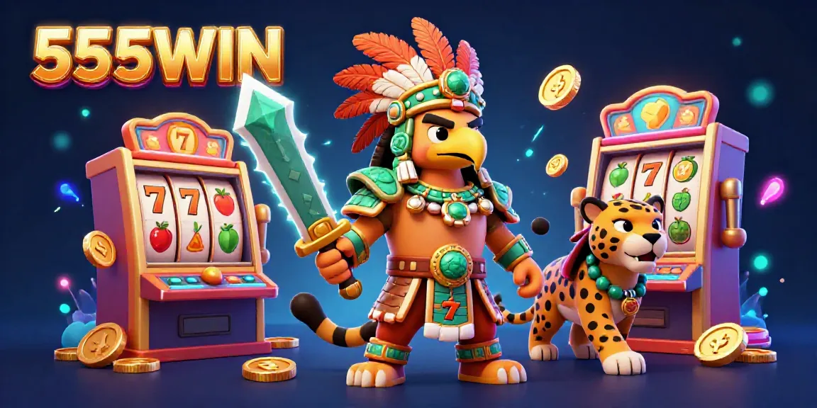 Play interactive slots with 555WIN as cartoon characters celebrate big wins in a vibrant casino scene.