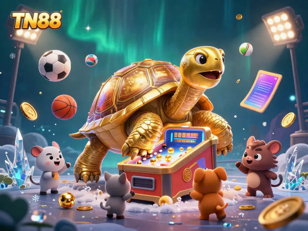 Experience exhilarating gameplay at TN88 with a vibrant casino-themed illustration showcasing a golden tortoise and sports elements.