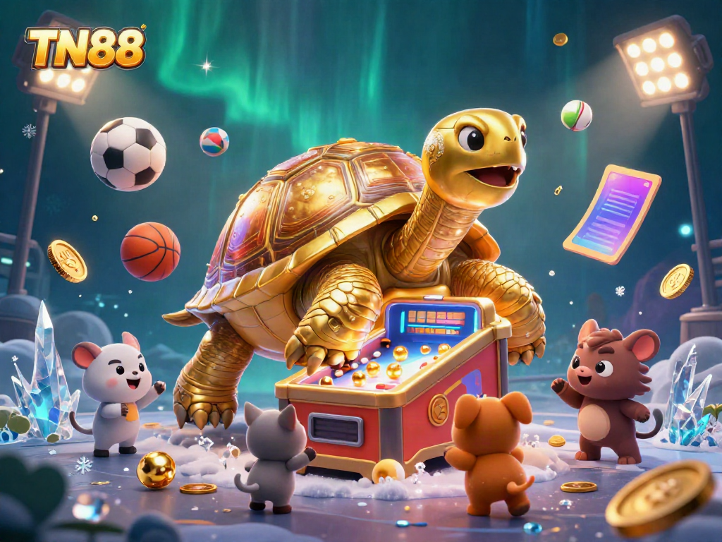 Experience exhilarating gameplay at TN88 with a vibrant casino-themed illustration showcasing a golden tortoise and sports elements.