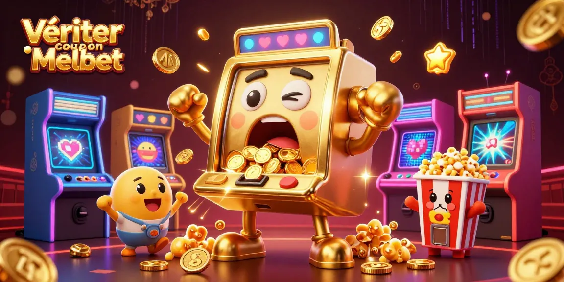 Vérifier coupon Melbet avec une illustration 3D des machines à sous et des jeux dynamiques.