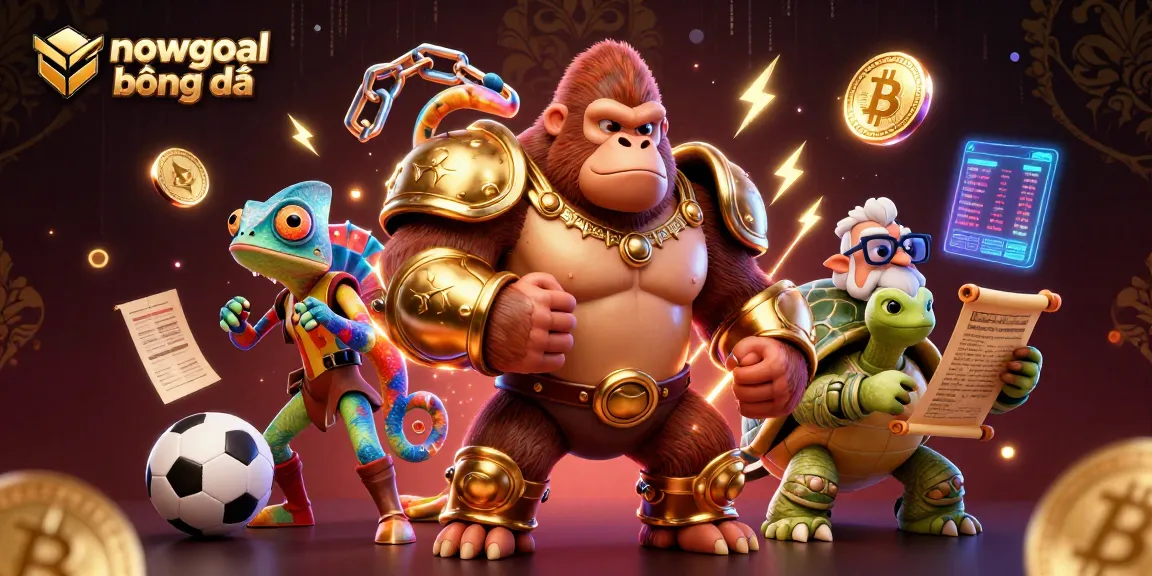 Betting on football scores with nowgoal bóng đá featuring a gorilla king, chameleon, and tortoise in vibrant art.