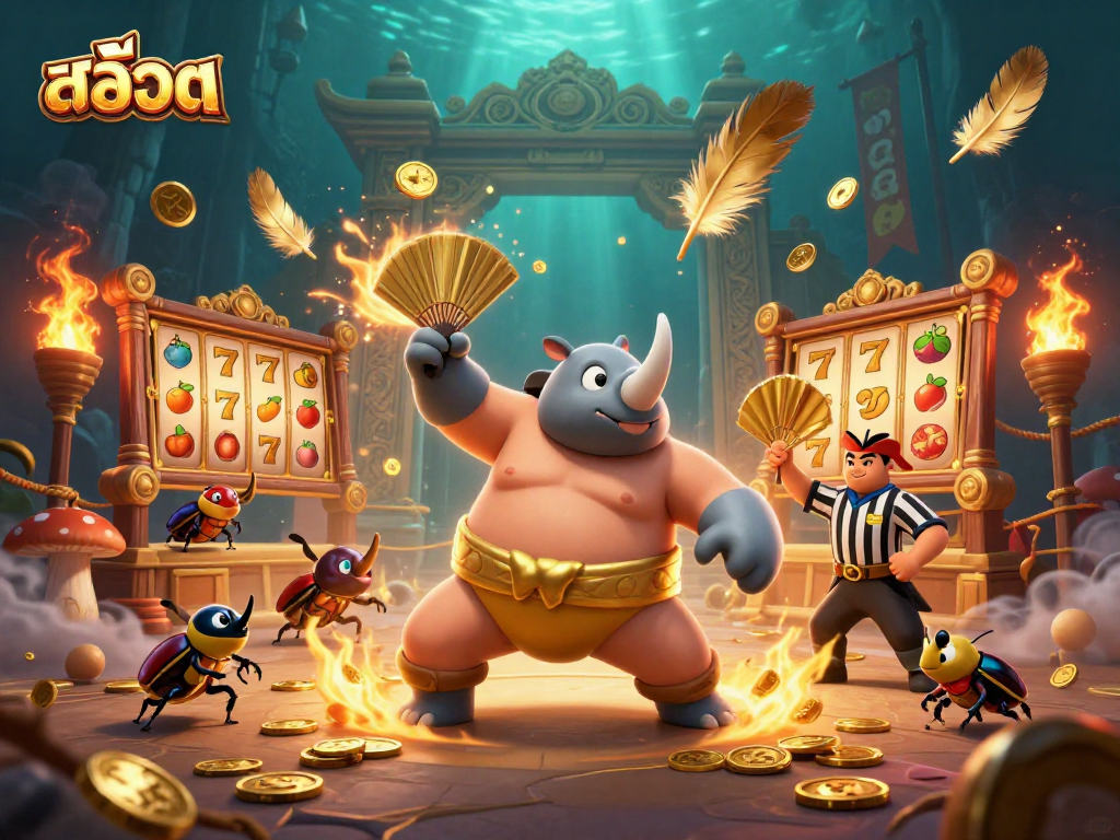 Experience the excitement of สล็อต with a vibrant 3D scene featuring beetle champions in action.