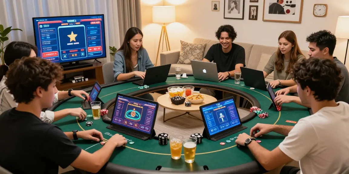 Daftar Dominobet poker players enjoying exciting online games in a vibrant living room atmosphere.
