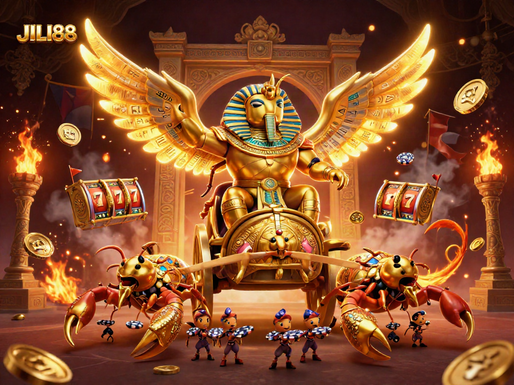 Engage with JILI88 in a vibrant, dynamic 3D casino scene featuring golden scarabs and slot reels.