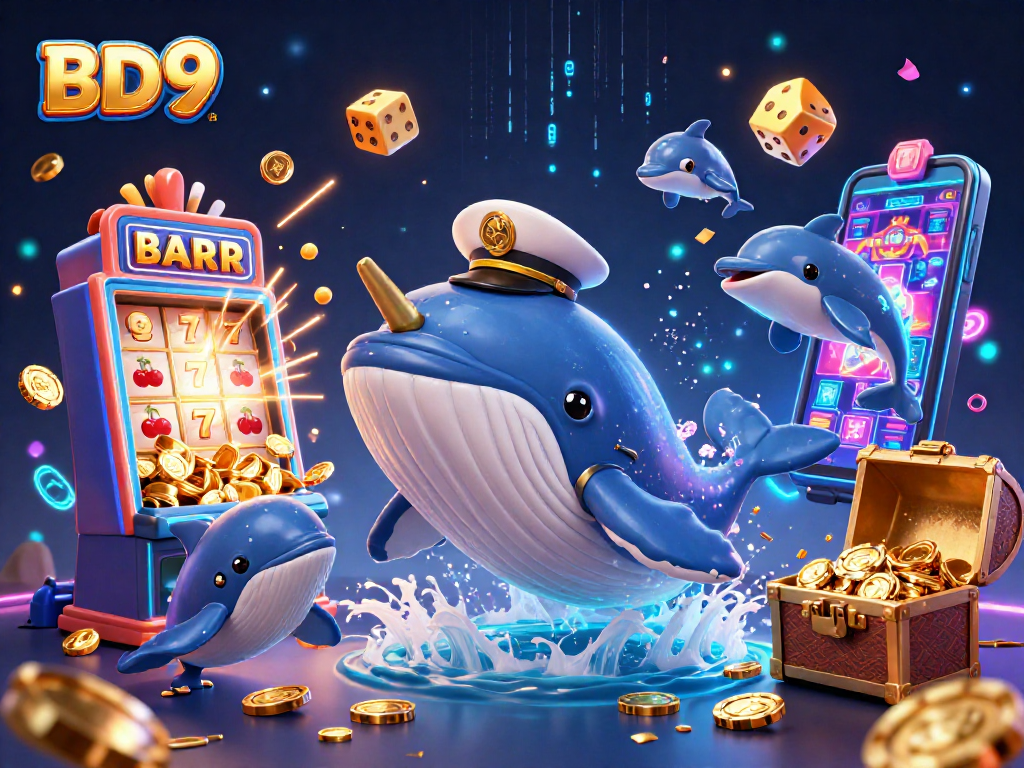 Engage in thrilling gameplay at BD9 with a vibrant 3D tableau showcasing a whale, narwhal, and dolphins amidst a jackpot explosion.