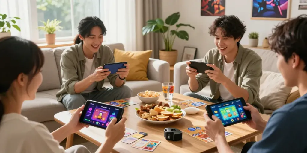 Active players enjoying yono games on mobile devices in a cozy living room setting