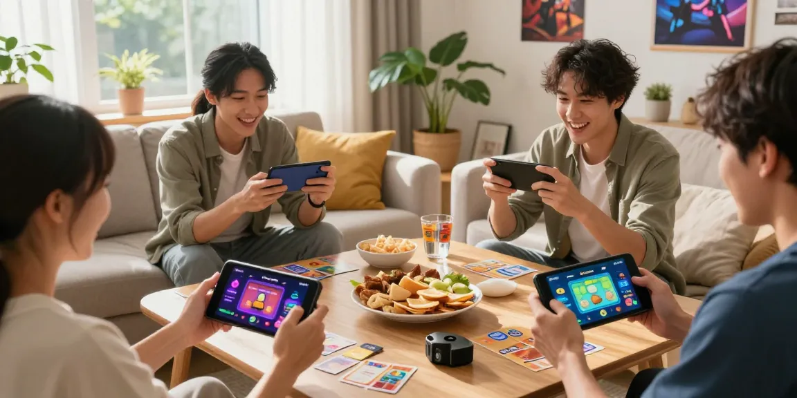 Active players enjoying yono games on mobile devices in a cozy living room setting