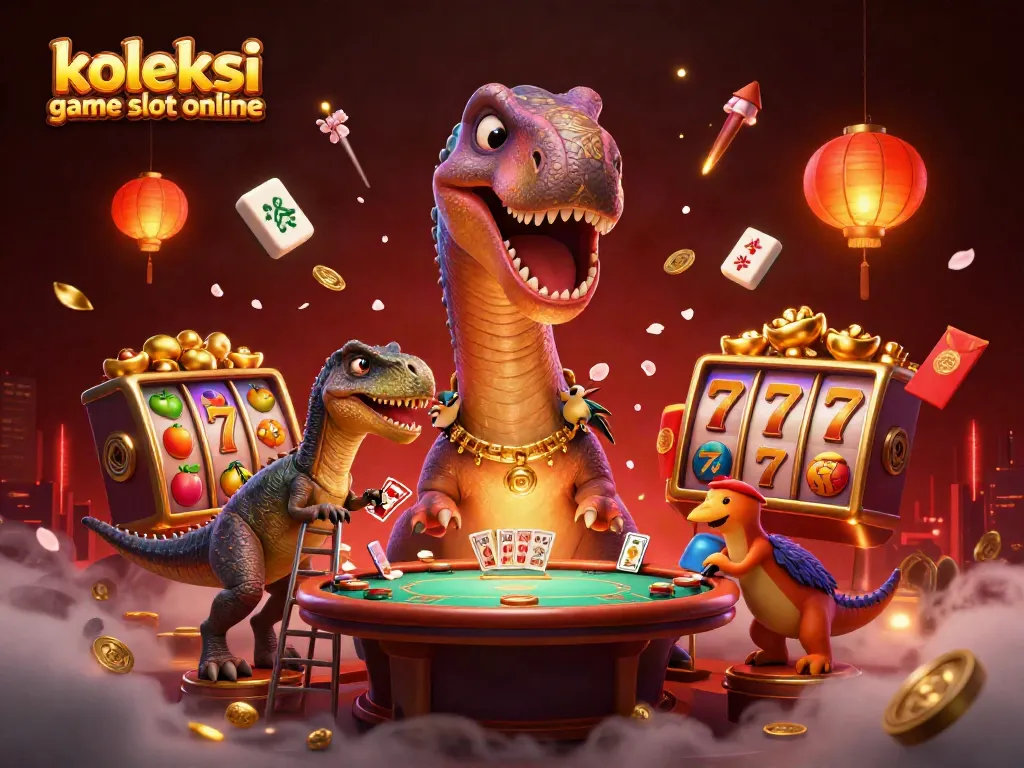 Menggambarkan koleksi game slot online dengan banyak simbol keberuntungan dan karakter kartun di kasino.