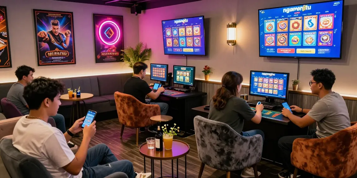 Online gambling at ngamenjitu, players engaging in a lively lounge with mobile devices and vibrant game displays.