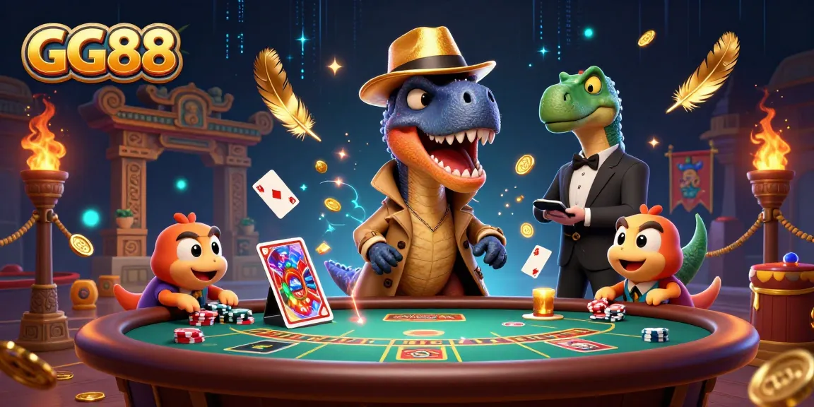 Engaging GG88 casino scene with a velociraptor at blackjack, surrounded by colorful gaming elements.