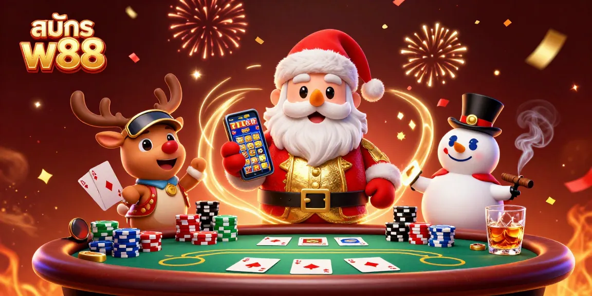 Play and win with สมัคร w88 in this festive casino scene featuring Santa, poker chips, and excitement.
