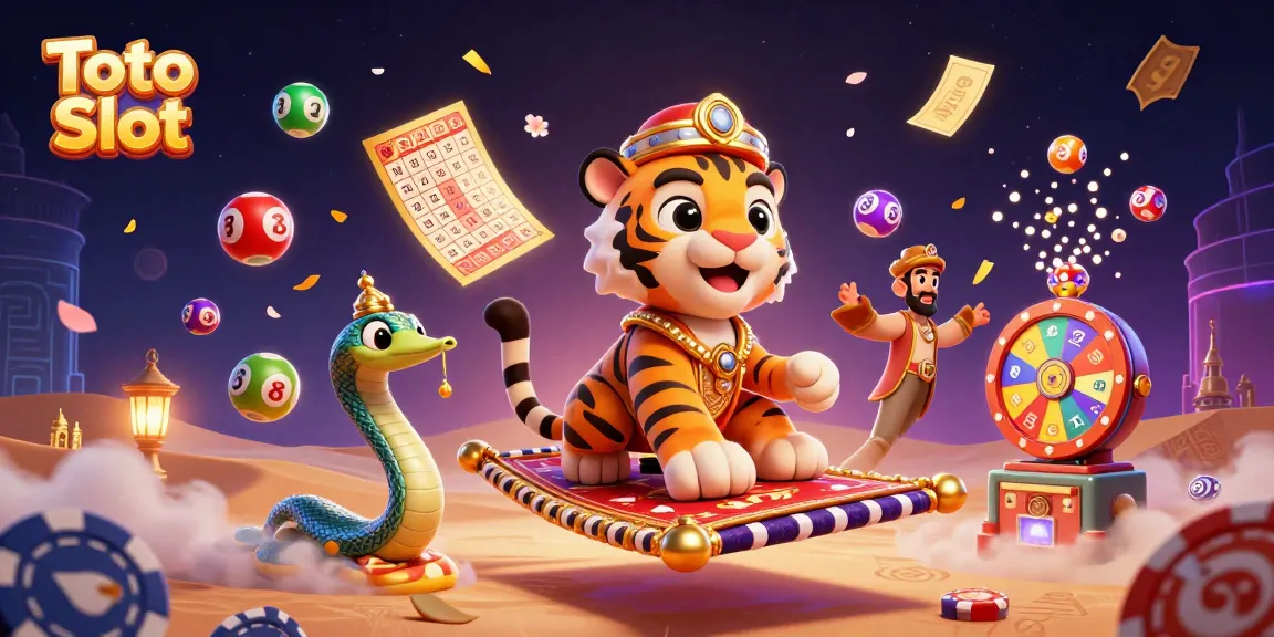 Spin colorful Toto Slot games amidst a magical scene of coins and vibrant prizes.