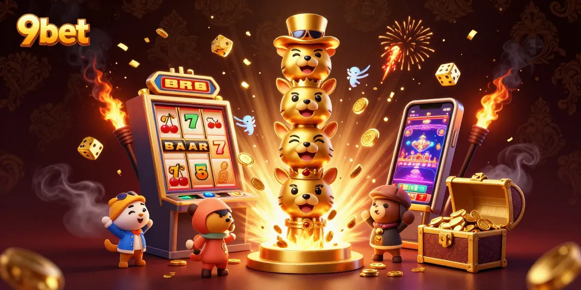 Experience exciting gameplay at 9bet with a vibrant casino-themed illustration of dynamic slot machines and golden totems.