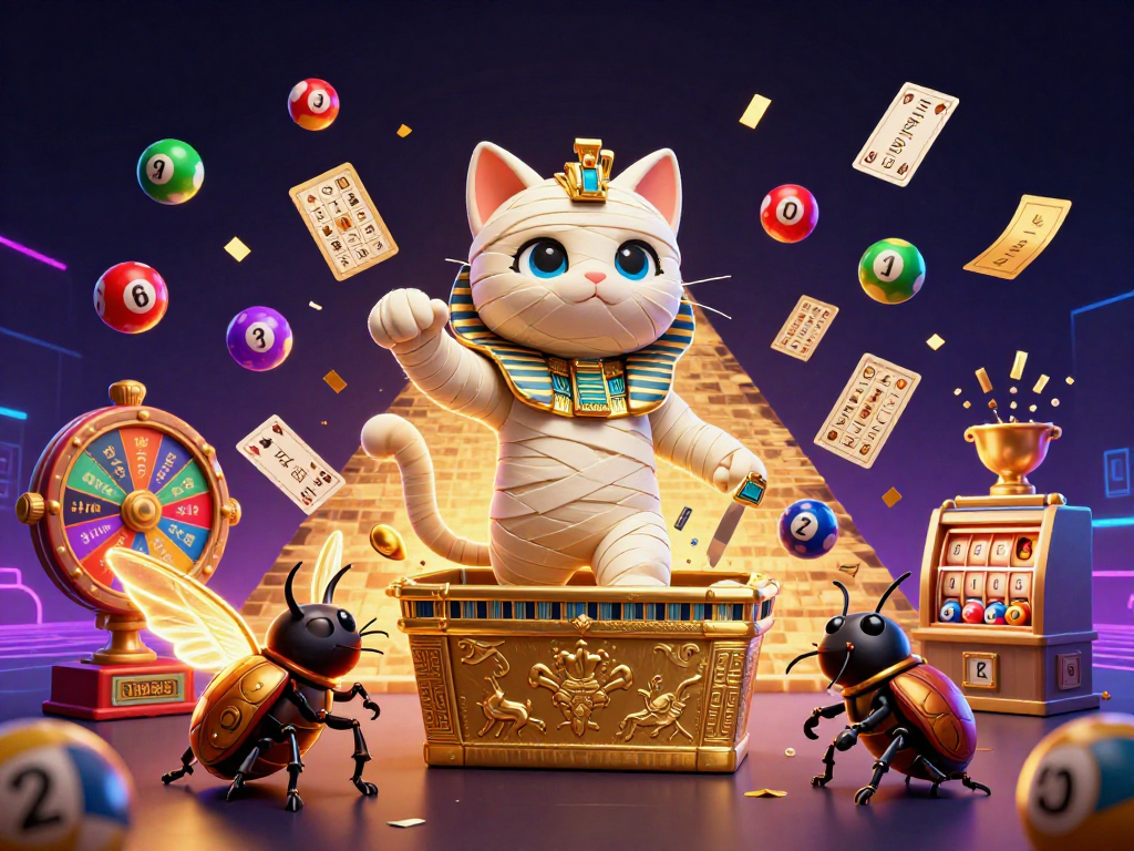 Gambarkan ahha4d dengan kucing mummy Mesir dan elemen kasino yang kaya dalam ilustrasi 3D.