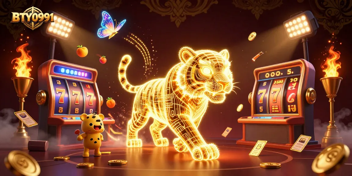 Engage with BTY0991 in a vibrant digital casino landscape, featuring a neon-wireframe tiger and slot reels.