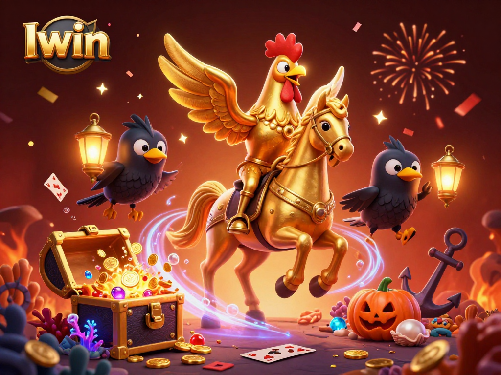 Iwin offers exciting gameplay in this vibrant casino illustration featuring golden rooster and casino elements.