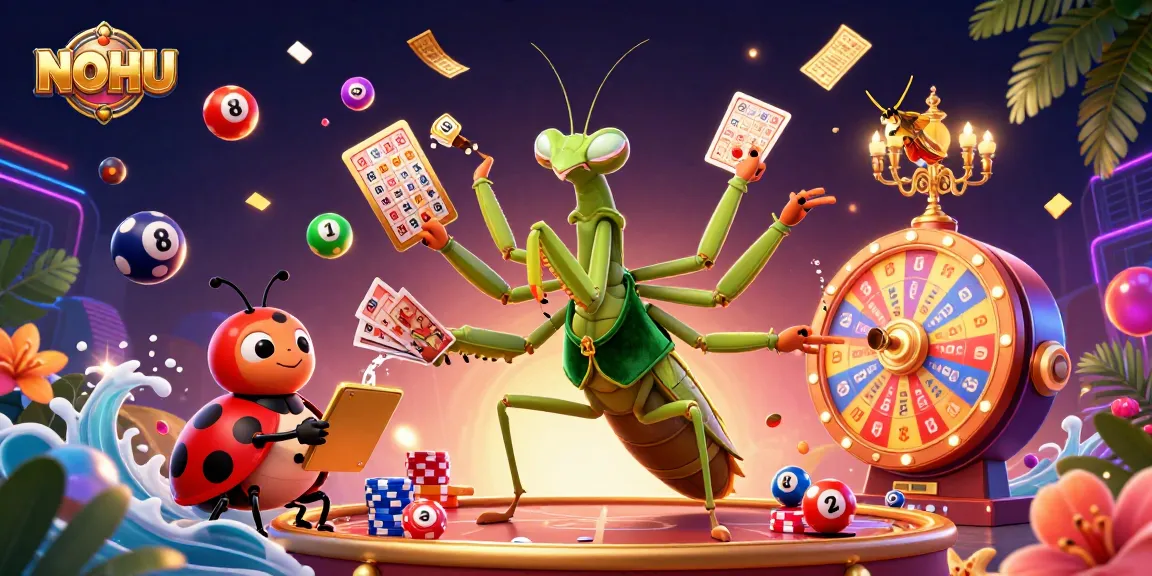 NOHU casino adventure with a giant mantis card sharp, ladybug pit boss, and vibrant gaming elements.