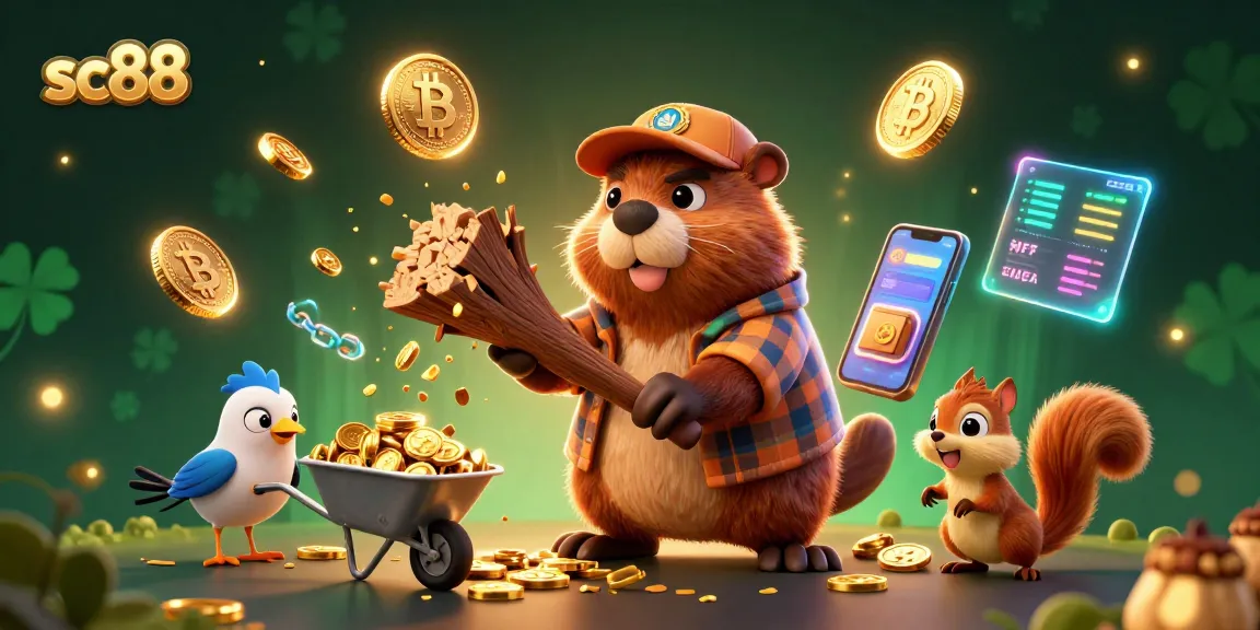 Engage with the thrilling world of sc88 where a cartoon lumberjack beaver rewards players with golden coins while surrounded by crypto elements.