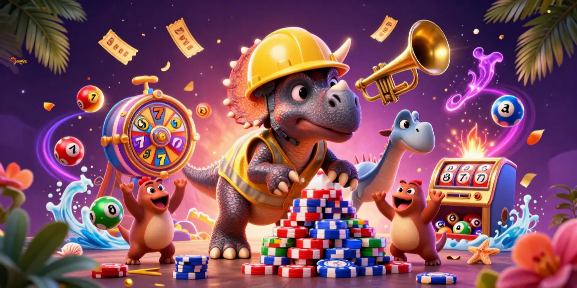 Menangkan slot jackpot dengan gambar ilustratif, triceratops dan simbol permainan mengelilingi suasana kasino.